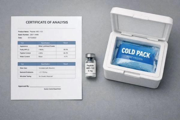Certificate of analysis with sealed GLP-3R peptide vial