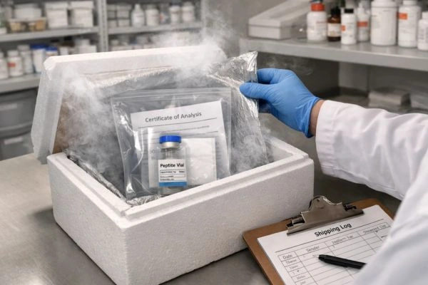 Researcher opening sealed research peptide shipping package