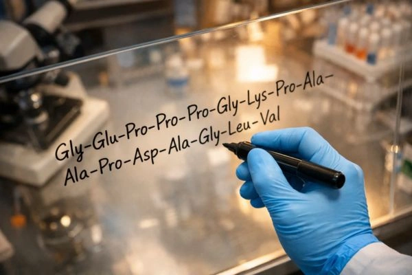 Researcher writing amino acid sequence on glass