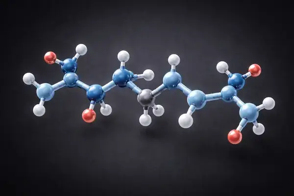 Ipamorelin pentapeptide molecular structure 3D rendering