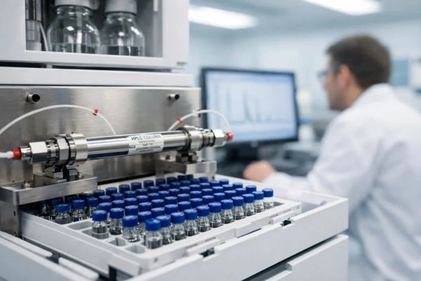 HPLC machine analyzing peptide purity in lab