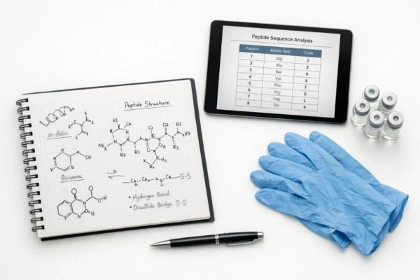 Overhead view of a peptide research workspace with molecular diagrams and laboratory notes