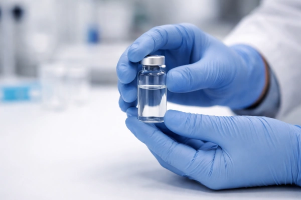 Gloved hands handling peptide vial