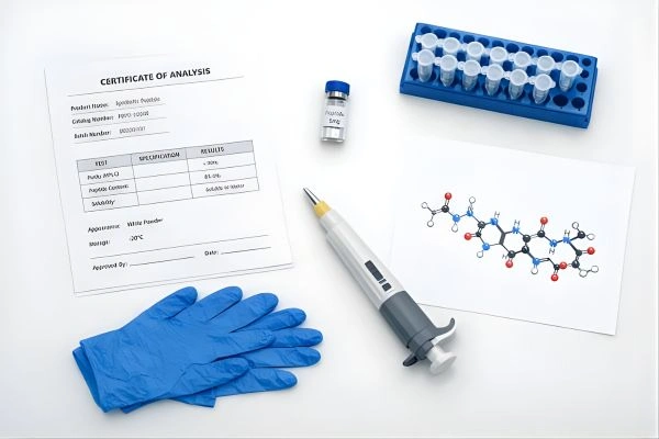Flat-lay peptide research tools on laboratory workstation