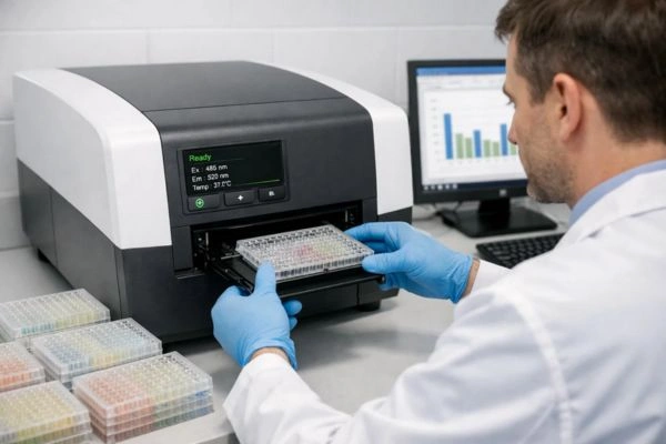 Scientist loading samples into fluorescence microplate reader