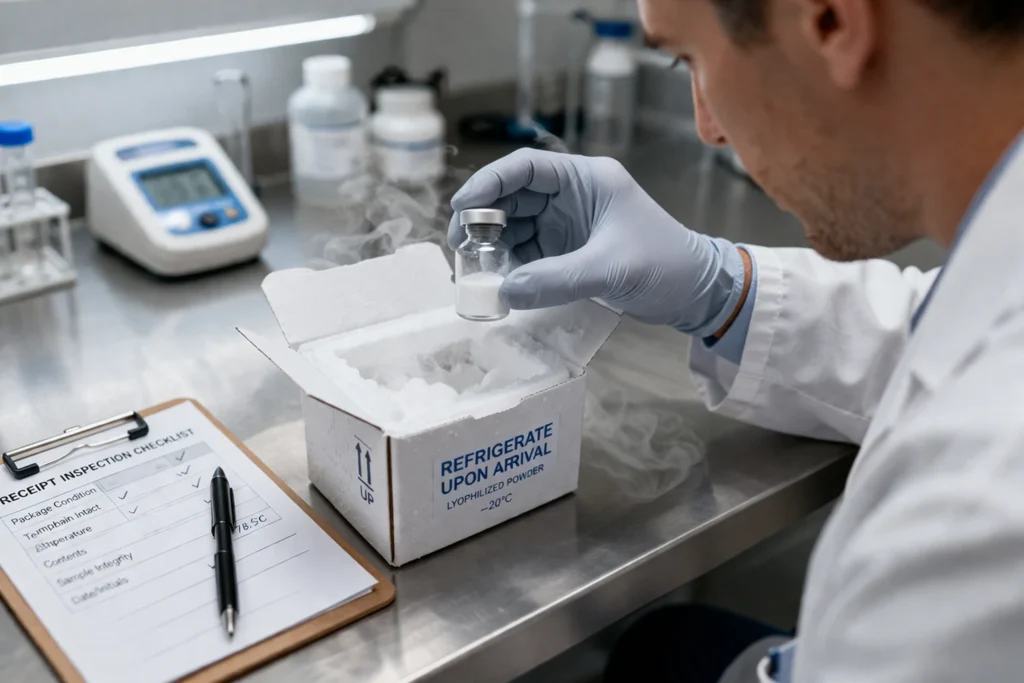 Researcher inspecting the newly arrived GLP1-T peptides

