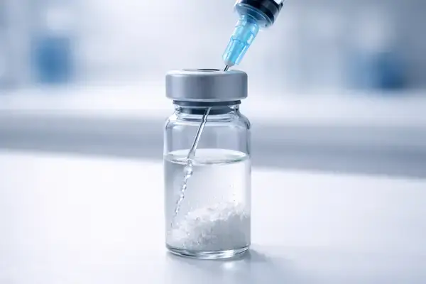 Syringe dispensing bacteriostatic water along the wall of a peptide vial during reconstitution