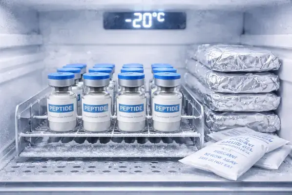 GLP-1T lyophilized vials stored at -20°C in a research-grade freezer