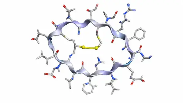 3D molecular model of AOD-9604 showing cyclic peptide backbone and disulfide bridge