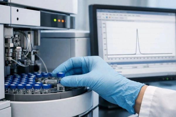 HPLC instrument analyzing peptide purity with chromatogram displayed on monitor in academic lab