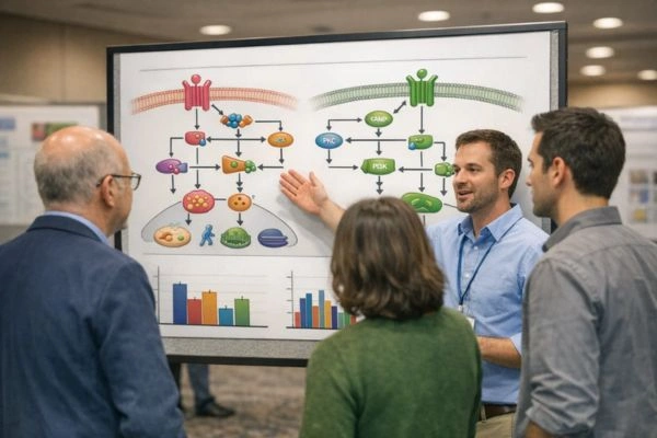 Researcher presenting incretin signaling poster at conference