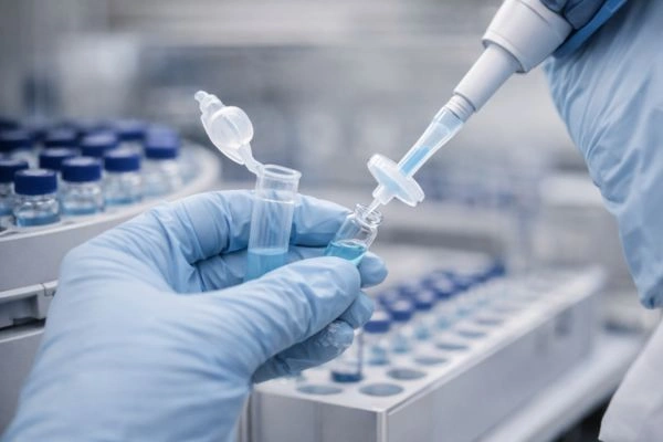 Gloved hands preparing GHK-Cu sample for HPLC