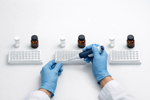 Three lab workstations with peptide vials and pipettes.