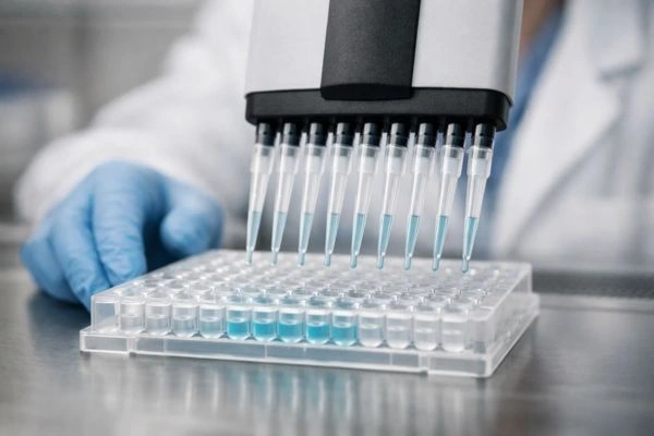 Researcher pipetting solution into laboratory microplate wells