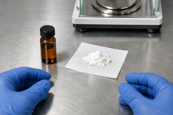 Peptide vial and powder on lab bench
