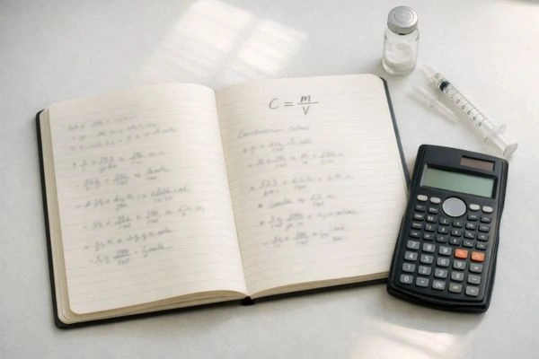 Lab notebook with peptide concentration calculations