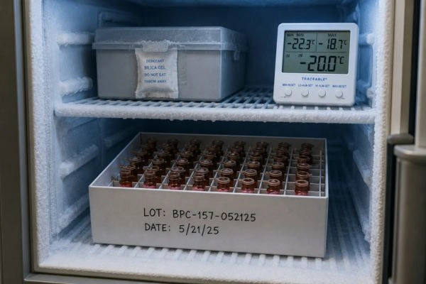 Amber methylcobalamin aliquots organized in freezer storage box