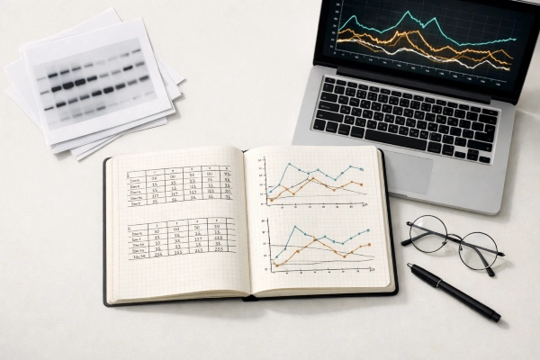Research notebook, Western blot prints, and laptop showing metabolic flux data.