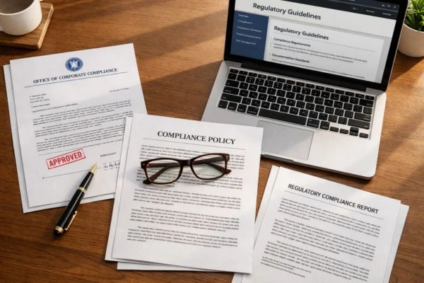 Regulatory compliance documents on professional research desk