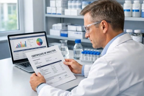 Laboratory procurement officer reviewing a Certificate of Analysis for research compound sourcing