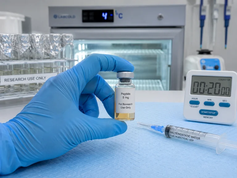 Reconstituted 5-Amino-1MQ vial on a laboratory benchtop
