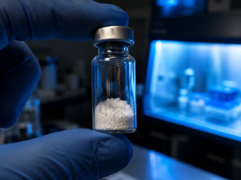 Lyophilized peptide vial held in gloved hands in a research lab