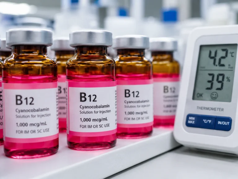Amber glass vials of B12 research solution on a lab shelf