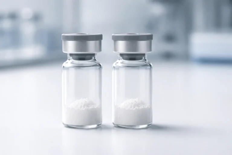 Two lyophilized peptide vials on lab bench