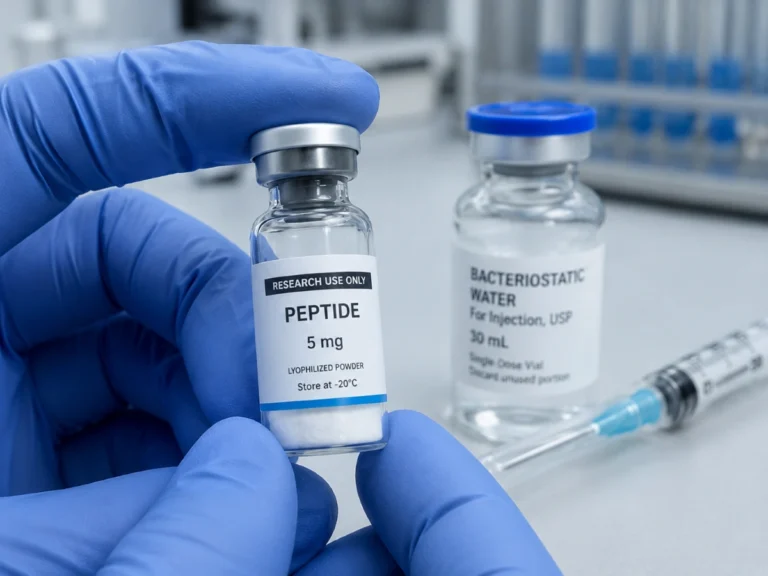 Gloved hands holding a lyophilized peptide vial in a research lab