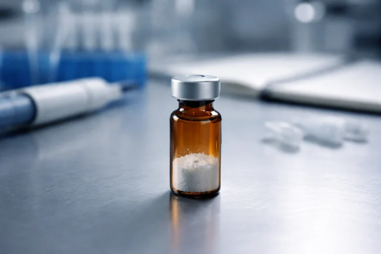 Research peptide vial on lab bench