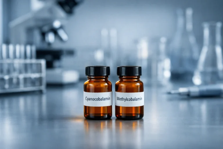 Cyanocobalamin and methylcobalamin vials on a research lab bench