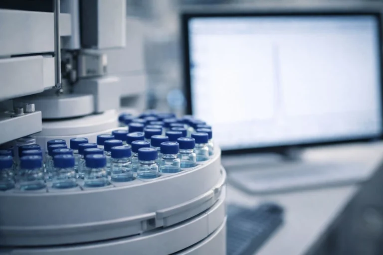 HPLC instrument analyzing GHK-Cu peptide samples