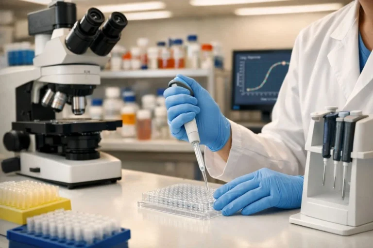 Researcher pipetting solution into microplate in laboratory