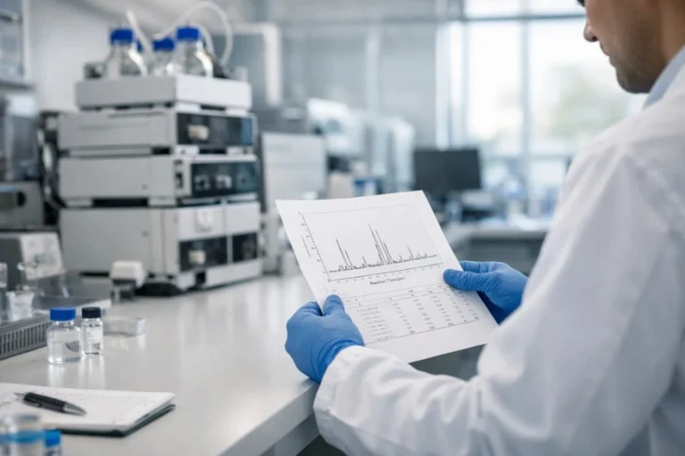 Modern academic research laboratory with HPLC equipment and a scientist reviewing peptide analysis data
