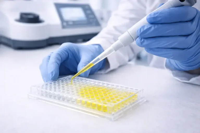 Researcher measuring intracellular glutathione levels using an enzymatic recycling assay in a preclinical laboratory