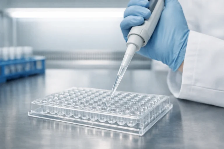 Researcher pipetting reagent into a 96-well plate for in vitro MOTS-c AMPK research.