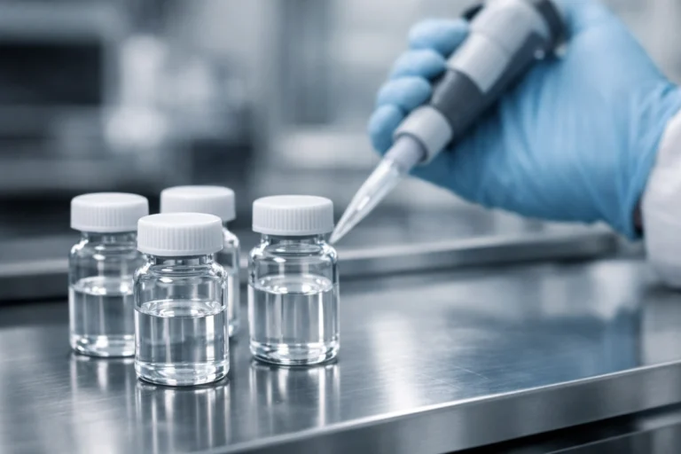 Peptide vials on laboratory bench