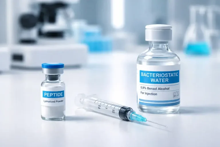 Tesamorelin reconstitution supplies on a laboratory bench