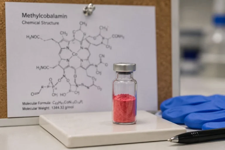 Methylcobalamin crystalline powder vial with molecular structure diagram
