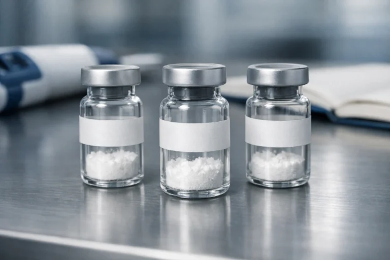 Three unlabeled peptide vials on a laboratory bench.