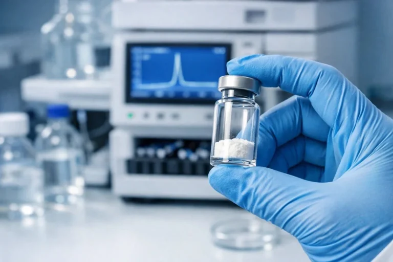 Researcher examining lyophilized peptide vial in laboratory