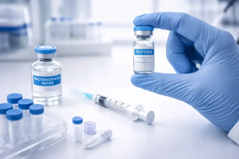 Researcher inspecting a GLP-1T vial before reconstitution in a laboratory setting