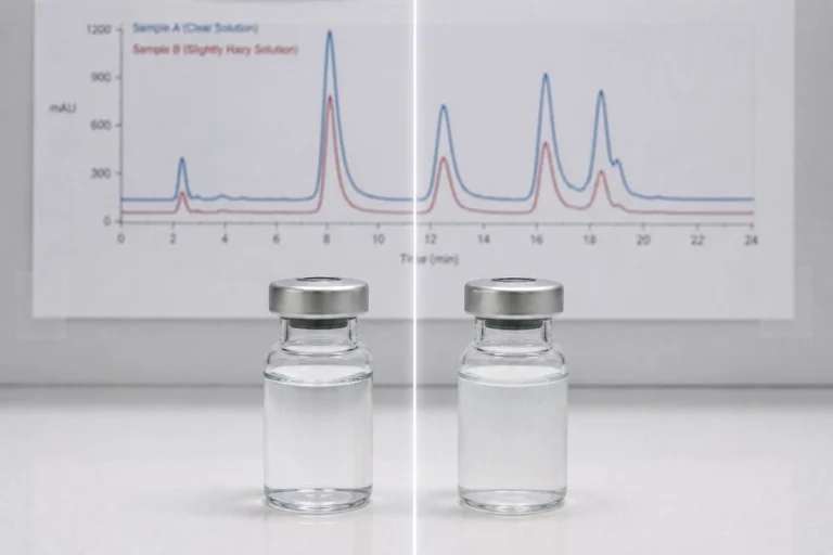 Stable versus degraded peptide vials comparison on benchtop