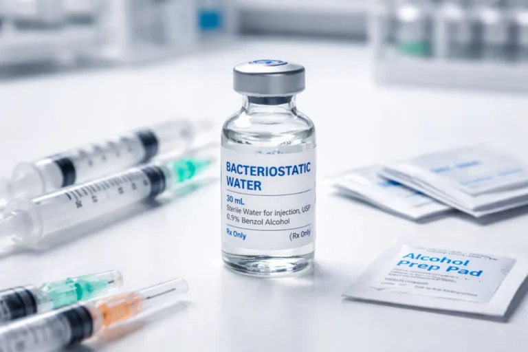 Glass vial of bacteriostatic water on a laboratory countertop with sterile syringes