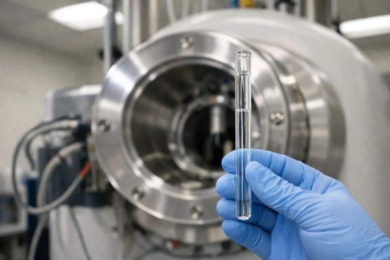 Researcher holding NMR tube near spectrometer bore