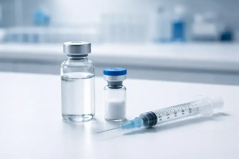 Bacteriostatic water vial on a research lab benchtop with a peptide vial and sterile syringe